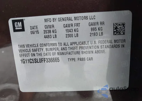 2015 Chevrolet Malibu 1Lt из США, поврежденный, VIN 1G11C5SL0FF336665